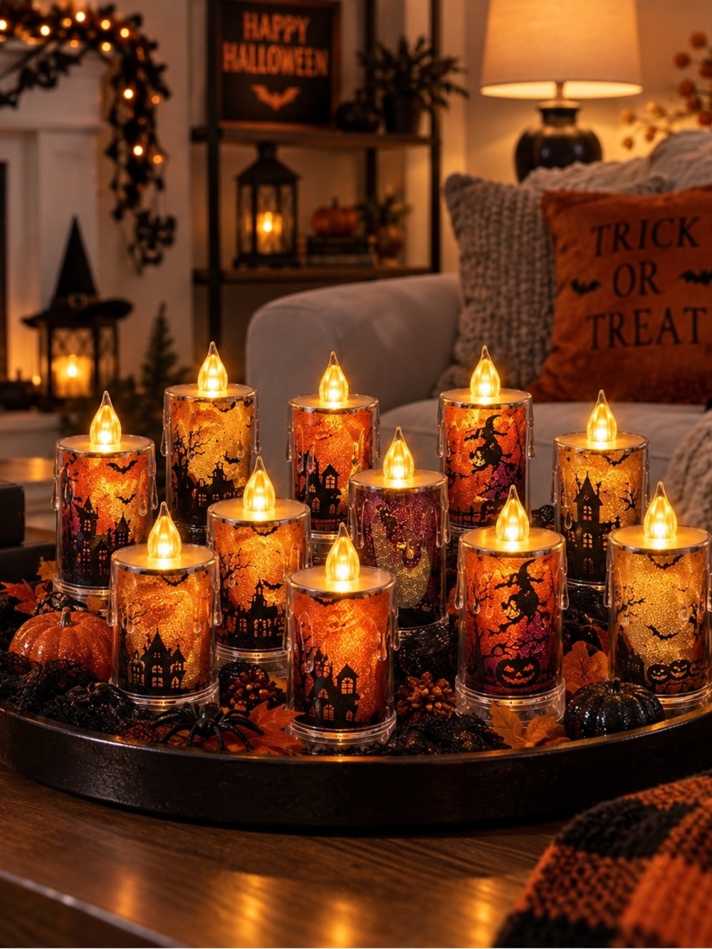 12- Halloween LED battery operated candles  - Orange Haunted House Pack- New in